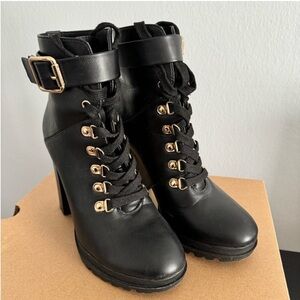 Black Heeled Boots with Gold Accents